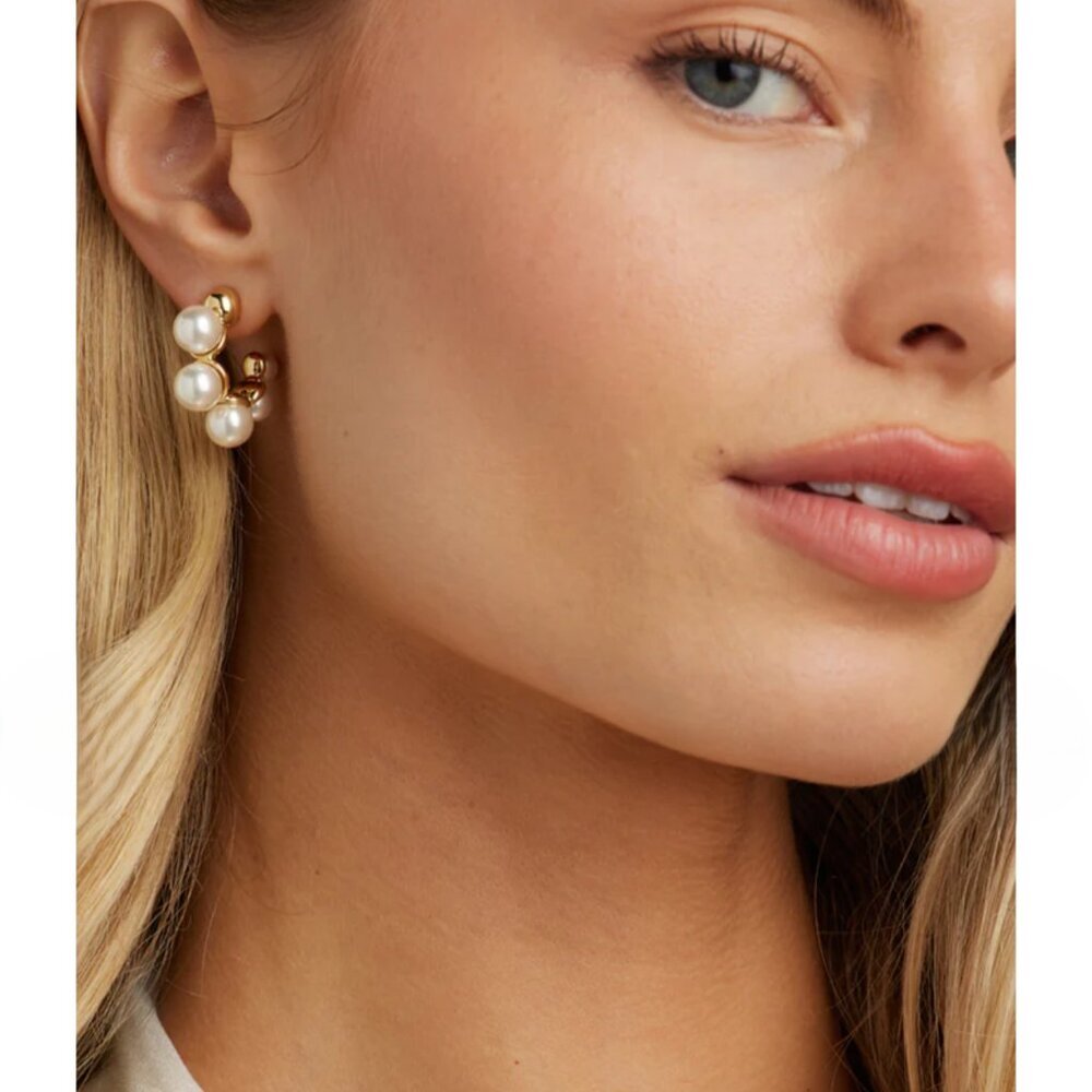 NEW Pennie Gold and White Pearl Chunky Hoop Earrings Hoops - Picture 2 of 3